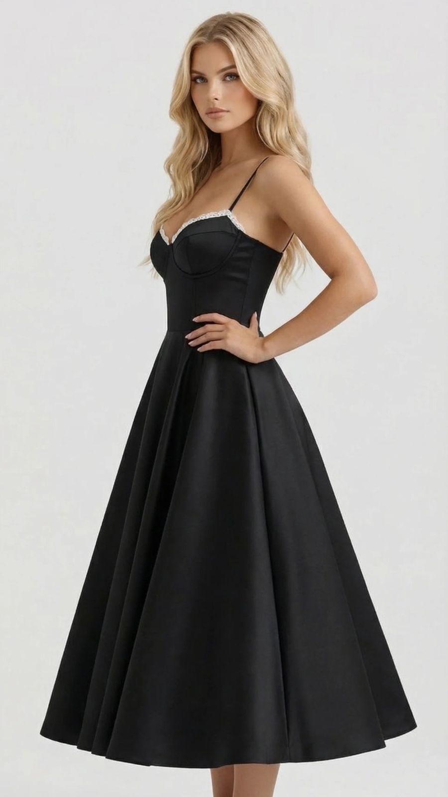 Maisie satin wedding guest midi dress with lace-edged sweetheart bodice and full skirt - view 17