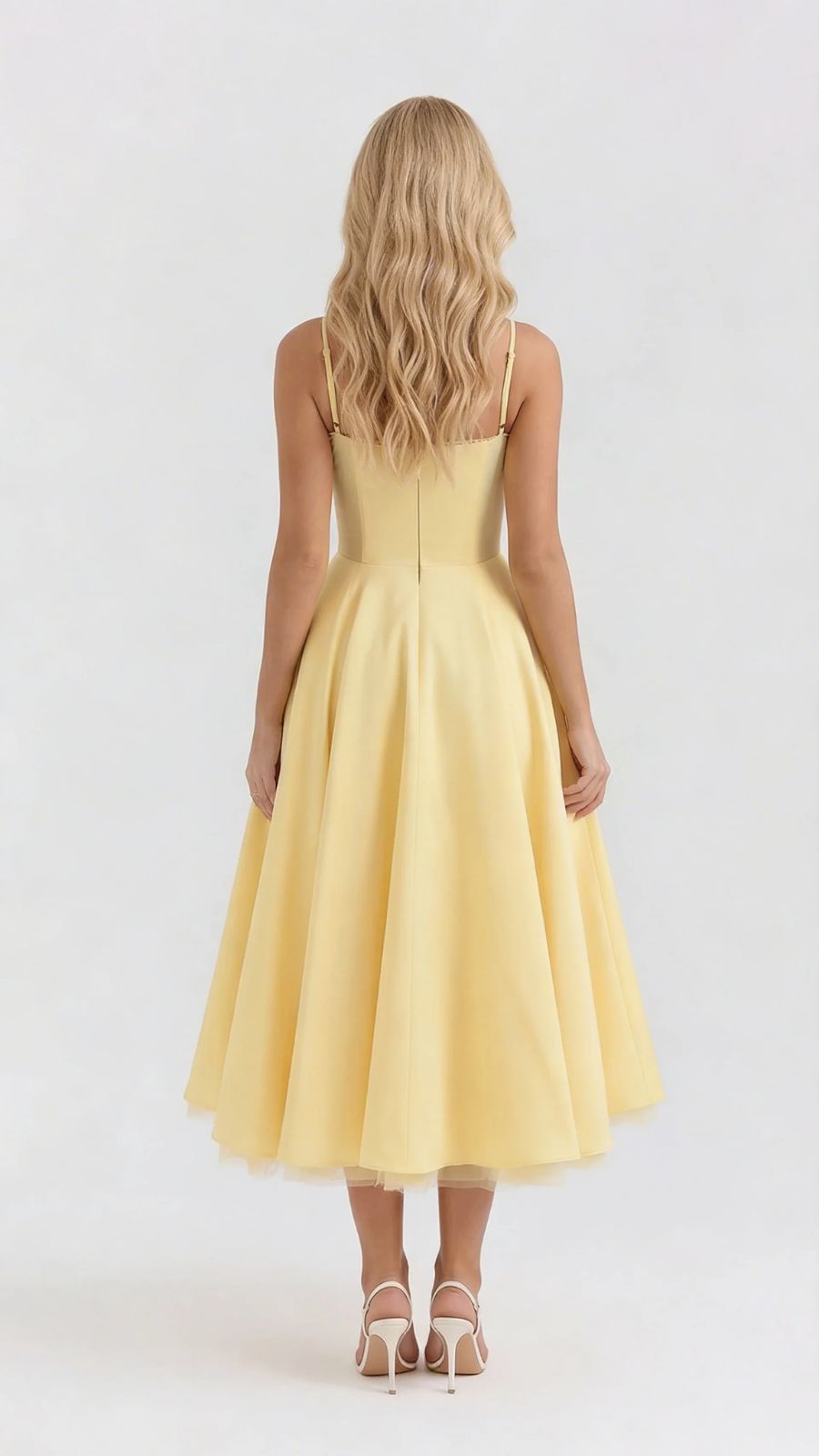 Maisie satin wedding guest midi dress with lace-edged sweetheart bodice and full skirt - view 19