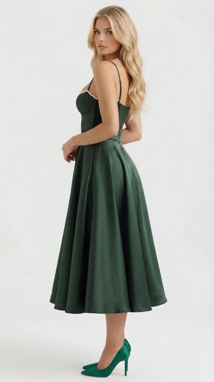 Maisie satin wedding guest midi dress with lace-edged sweetheart bodice and full skirt - view 2