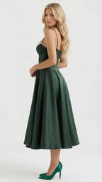 Maisie satin wedding guest midi dress with lace-edged sweetheart bodice and full skirt - view 2
