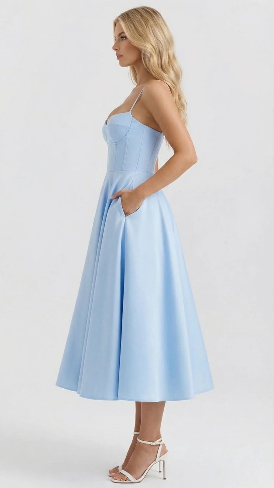 Maisie satin wedding guest midi dress with lace-edged sweetheart bodice and full skirt - view 28