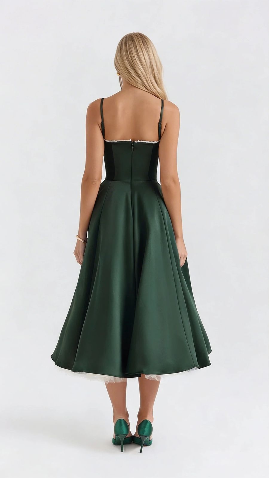 Maisie satin wedding guest midi dress with lace-edged sweetheart bodice and full skirt - view 3