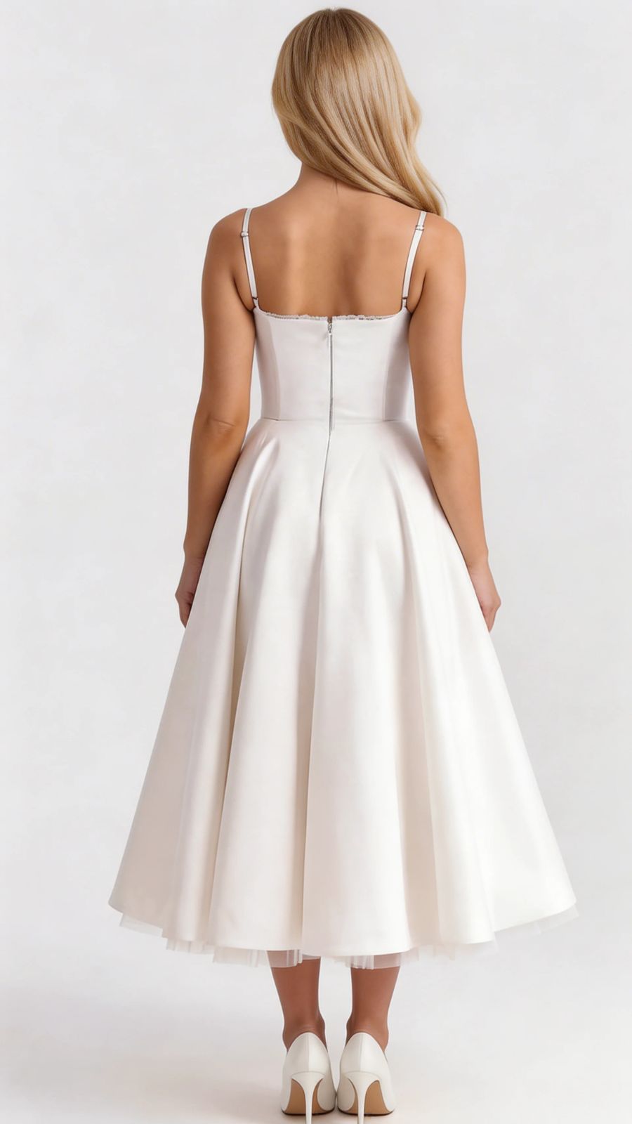 Maisie satin wedding guest midi dress with lace-edged sweetheart bodice and full skirt - view 32