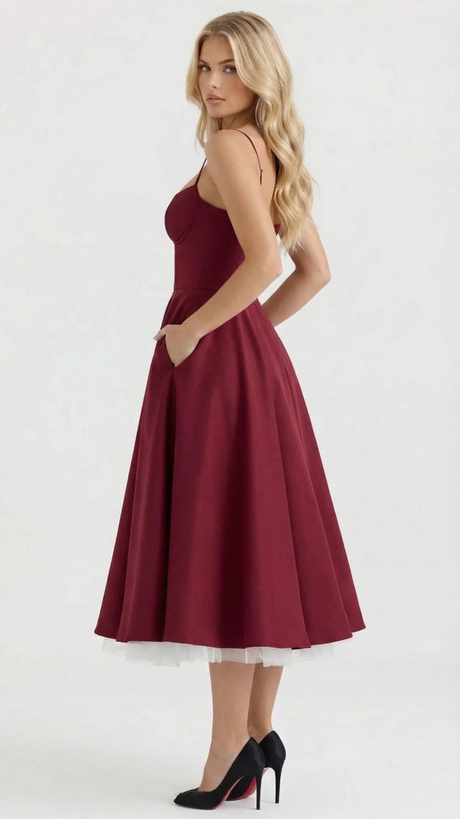 Maisie satin wedding guest midi dress with lace-edged sweetheart bodice and full skirt - view 6