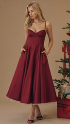 Maisie satin wedding guest midi dress with lace-edged sweetheart bodice and full skirt - view 8