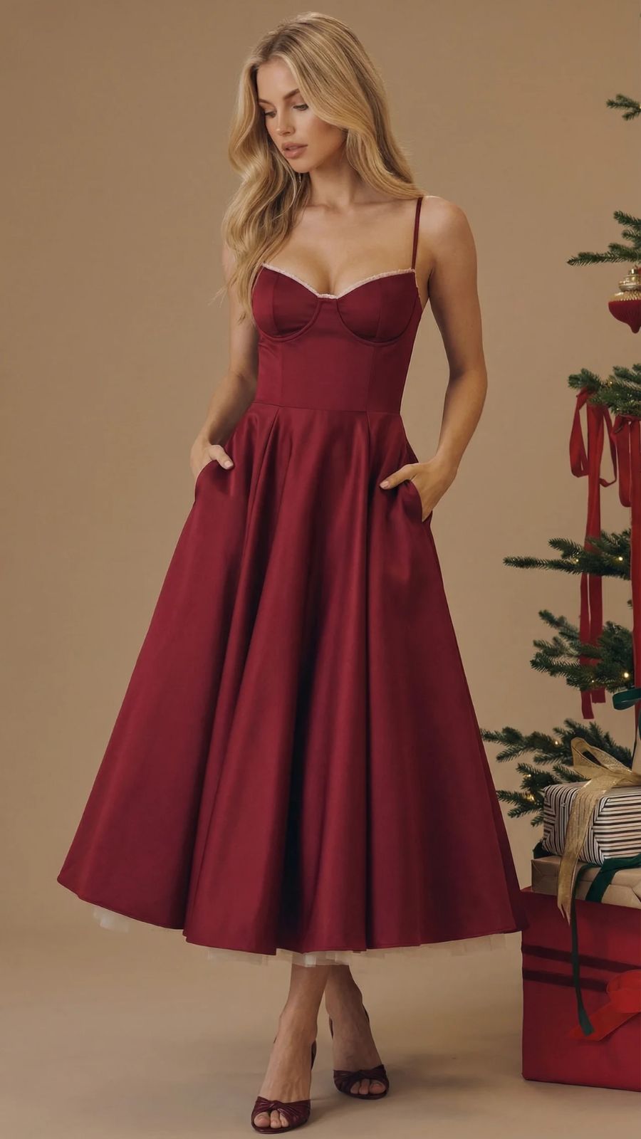 Maisie satin wedding guest midi dress with lace-edged sweetheart bodice and full skirt - view 8