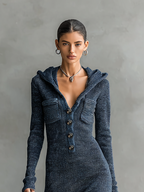 Woman wearing a navy hooded ribbed knit long sleeve maxi dress with button placket - view 4