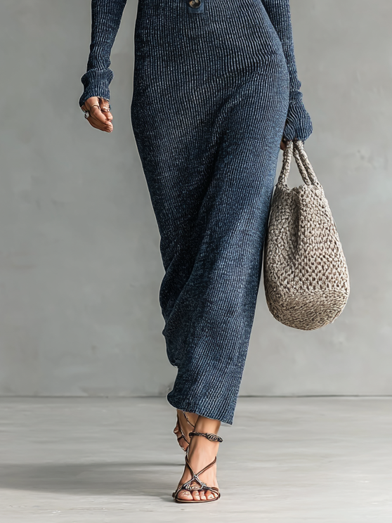 Woman wearing a navy hooded ribbed knit long sleeve maxi dress with button placket - view 5