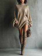 Oversized turtleneck knit mini dress with long balloon sleeves - view 10