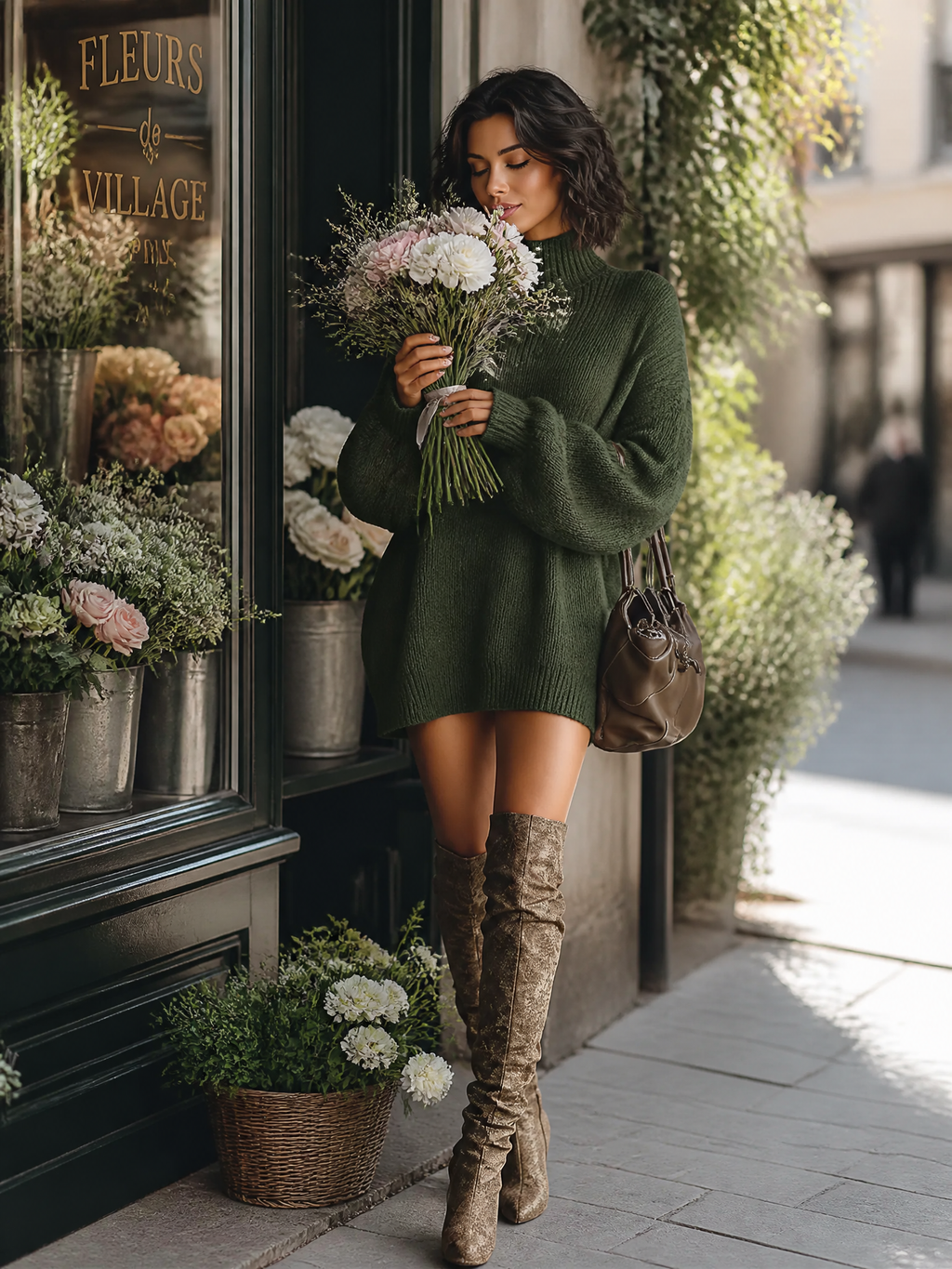 Oversized turtleneck knit mini dress with long balloon sleeves - view 5