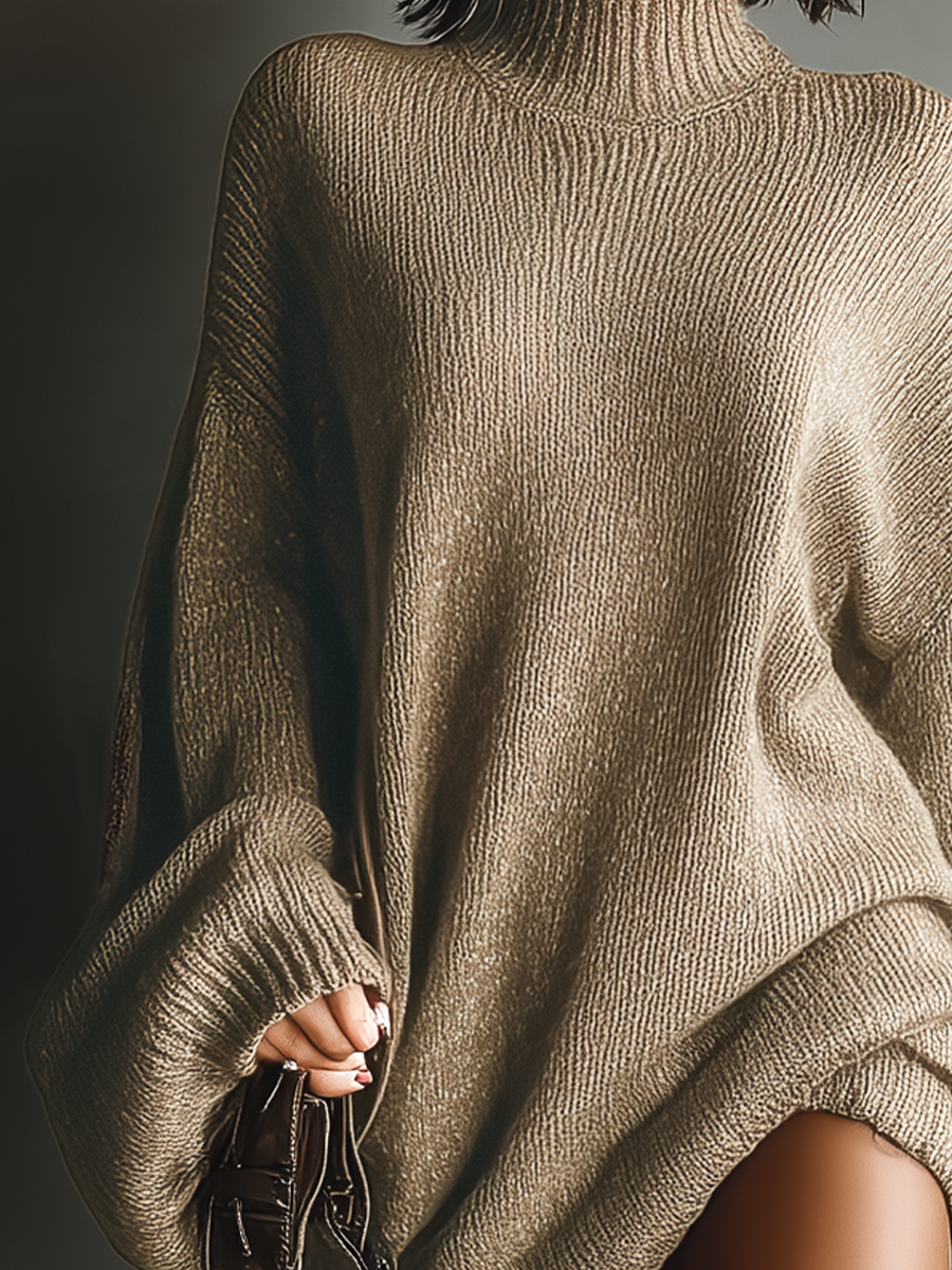 Oversized turtleneck knit mini dress with long balloon sleeves - view 7
