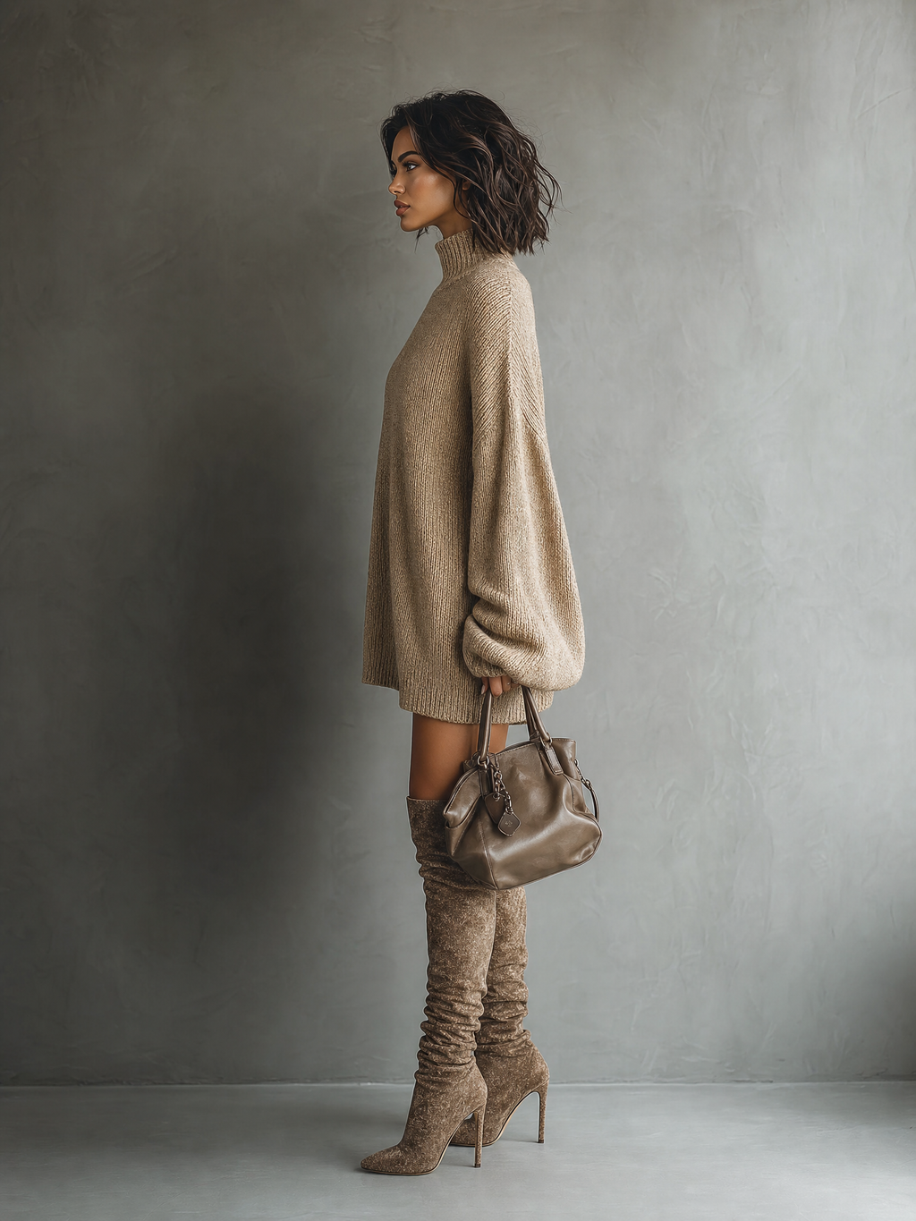 Oversized turtleneck knit mini dress with long balloon sleeves - view 8