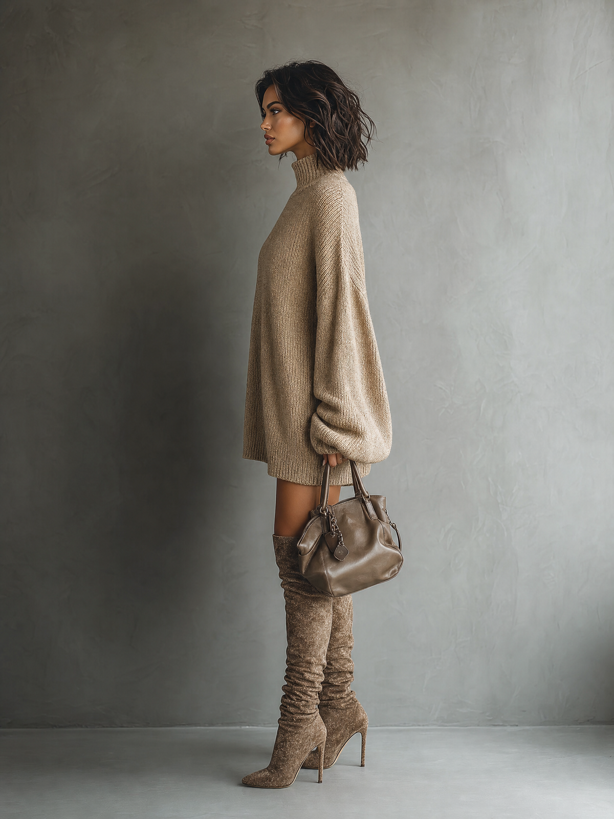 Oversized turtleneck knit mini dress with long balloon sleeves - view 8
