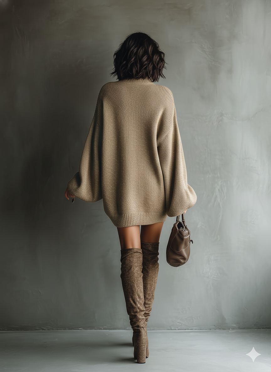 Oversized turtleneck knit mini dress with long balloon sleeves - view 9
