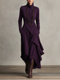 Purple turtleneck long sleeve maxi dress with draped wrap bodice and asymmetric layered hem