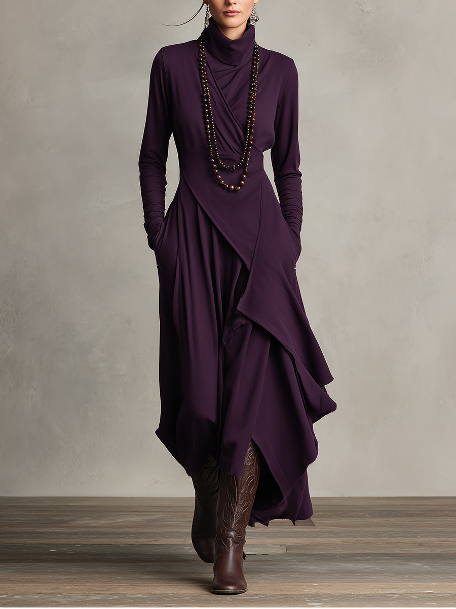 Purple turtleneck long sleeve maxi dress with draped wrap bodice and asymmetric layered hem