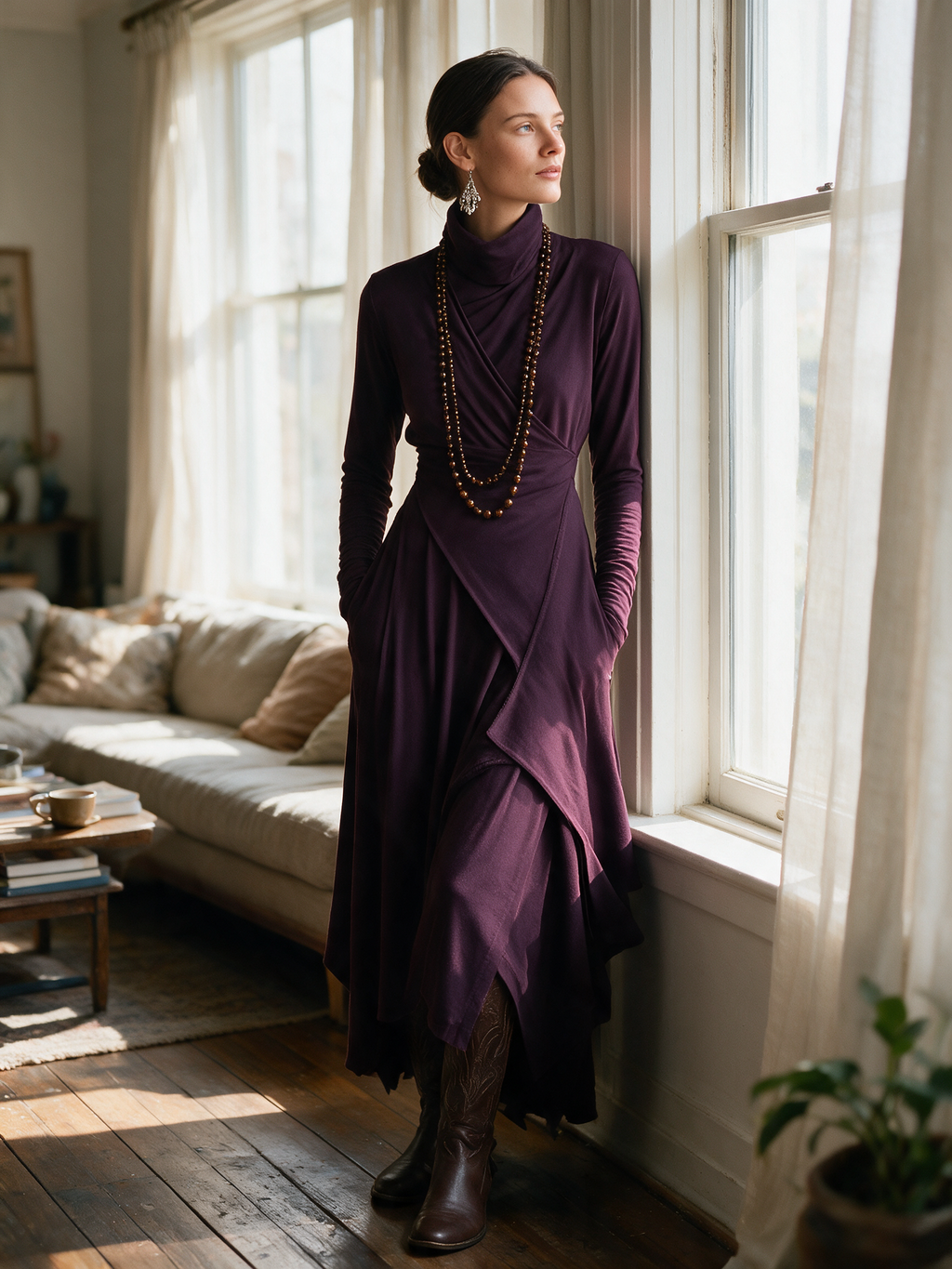 Purple turtleneck long sleeve maxi dress with draped wrap bodice and asymmetric layered hem - view 2
