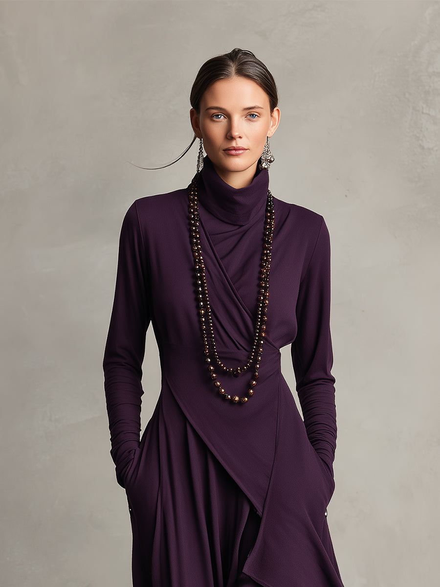 Purple turtleneck long sleeve maxi dress with draped wrap bodice and asymmetric layered hem - view 3