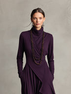 Purple turtleneck long sleeve maxi dress with draped wrap bodice and asymmetric layered hem - view 3