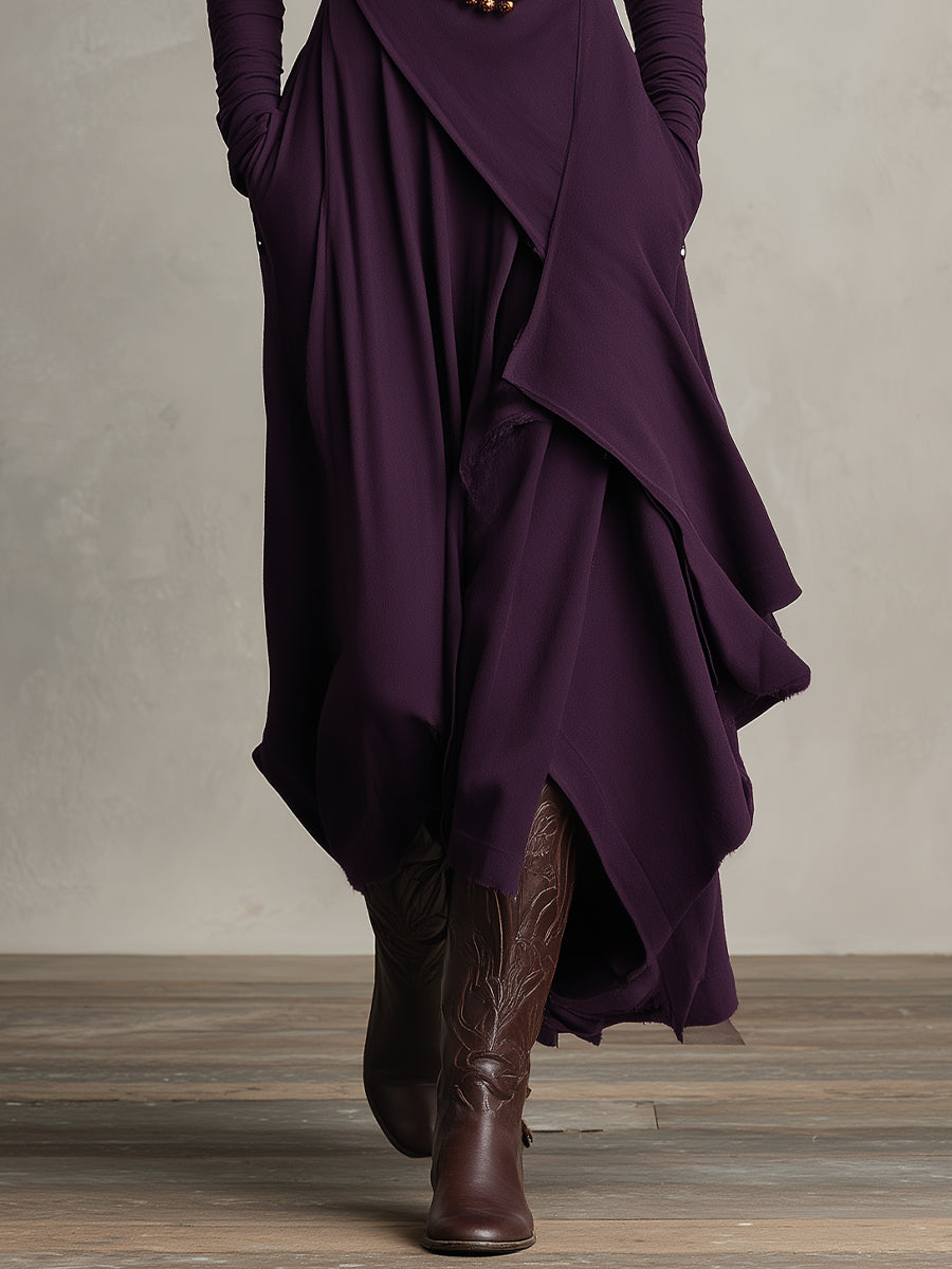 Purple turtleneck long sleeve maxi dress with draped wrap bodice and asymmetric layered hem - view 4