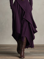 Purple turtleneck long sleeve maxi dress with draped wrap bodice and asymmetric layered hem - view 4