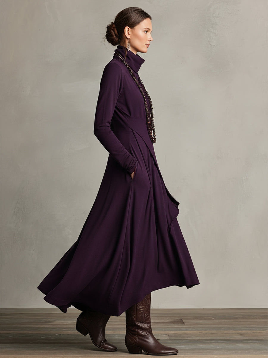 Purple turtleneck long sleeve maxi dress with draped wrap bodice and asymmetric layered hem - view 6