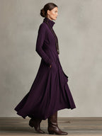 Purple turtleneck long sleeve maxi dress with draped wrap bodice and asymmetric layered hem - view 6
