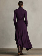 Purple turtleneck long sleeve maxi dress with draped wrap bodice and asymmetric layered hem - view 7