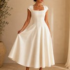 Square neck cap sleeve midi dress with fitted seamed bodice and flared skirt