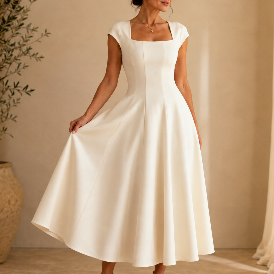 Square neck cap sleeve midi dress with fitted seamed bodice and flared skirt
