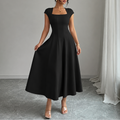 Square neck cap sleeve midi dress with fitted seamed bodice and flared skirt - view 13