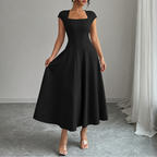 Square neck cap sleeve midi dress with fitted seamed bodice and flared skirt - view 13