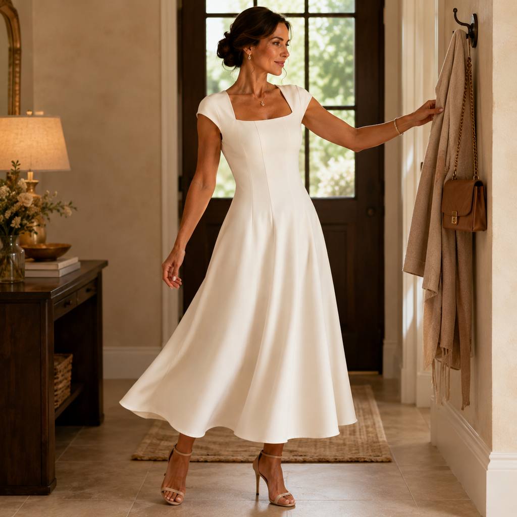 Square neck cap sleeve midi dress with fitted seamed bodice and flared skirt - view 4