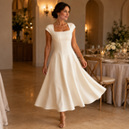 Square neck cap sleeve midi dress with fitted seamed bodice and flared skirt - view 5