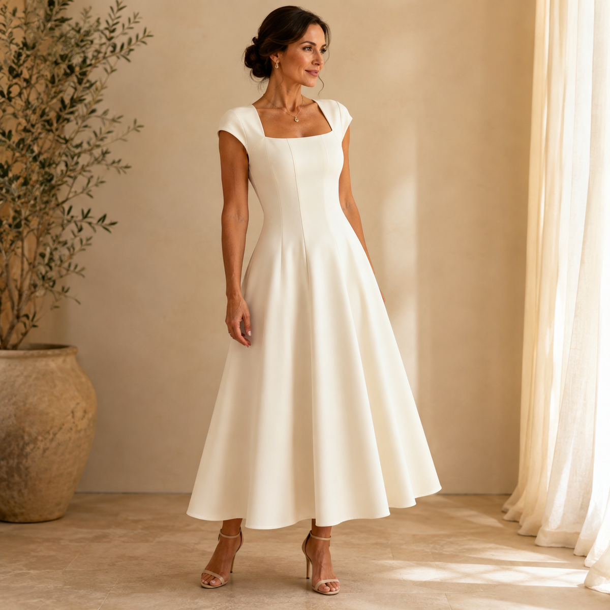 Square neck cap sleeve midi dress with fitted seamed bodice and flared skirt - view 6