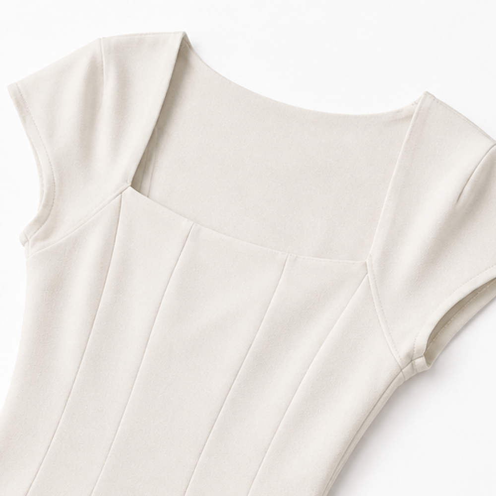 Square neck cap sleeve midi dress with fitted seamed bodice and flared skirt - view 7
