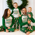 Family wearing matching white and green Merry and Bright Christmas pajamas with Santa print pants - view 3