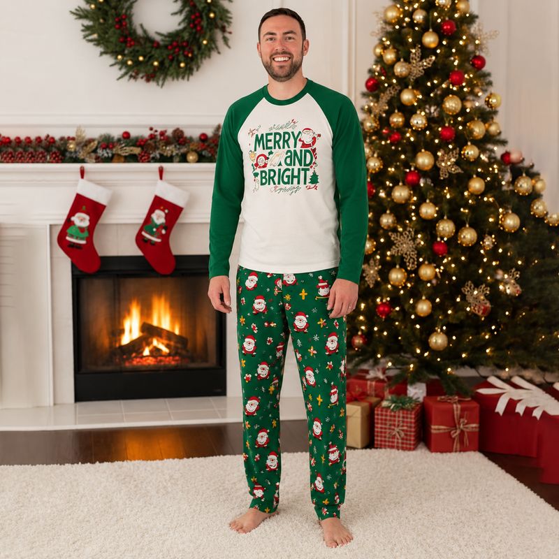 Family wearing matching white and green Merry and Bright Christmas pajamas with Santa print pants - view 4