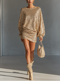 Long sleeve gold sequin mini dress with ruched skirt