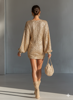 Long sleeve gold sequin mini dress with ruched skirt - view 5