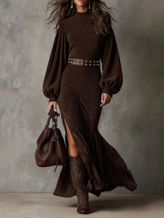 Chocolate brown faux suede cocktail dress with mock neck, lantern sleeves and side slit