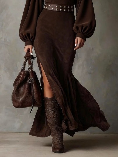 Chocolate brown faux suede cocktail dress with mock neck, lantern sleeves and side slit - view 3