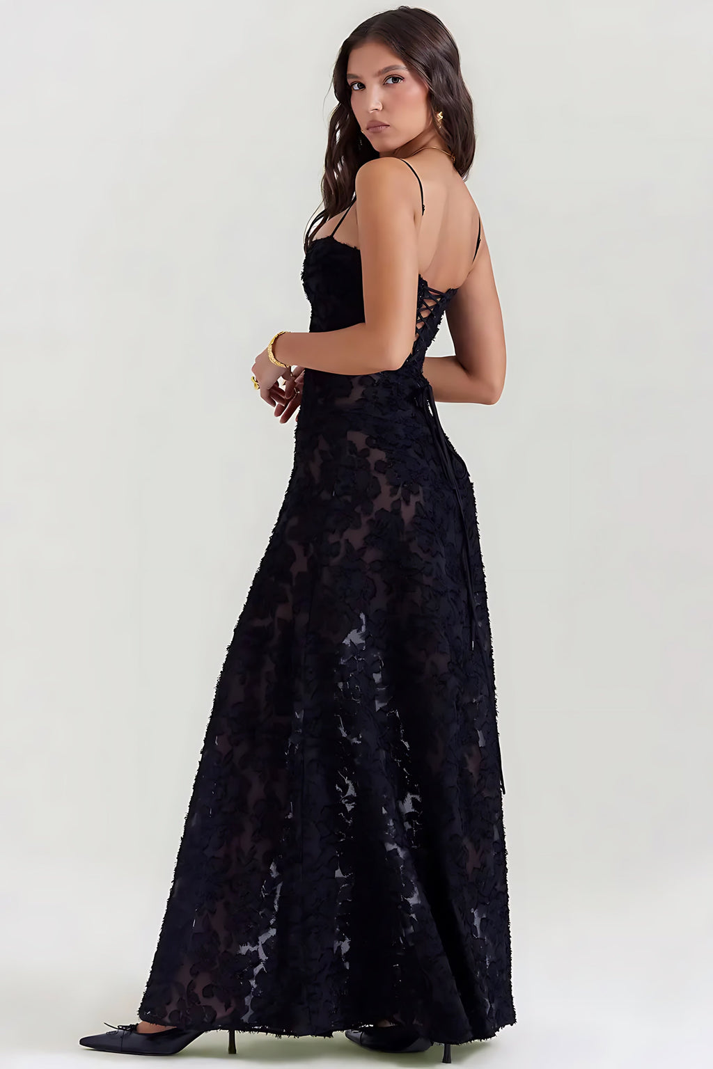 Sheer floral bustier maxi dress with spaghetti straps and flowing floor-length skirt - view 10