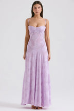 Sheer floral bustier maxi dress with spaghetti straps and flowing floor-length skirt - view 12