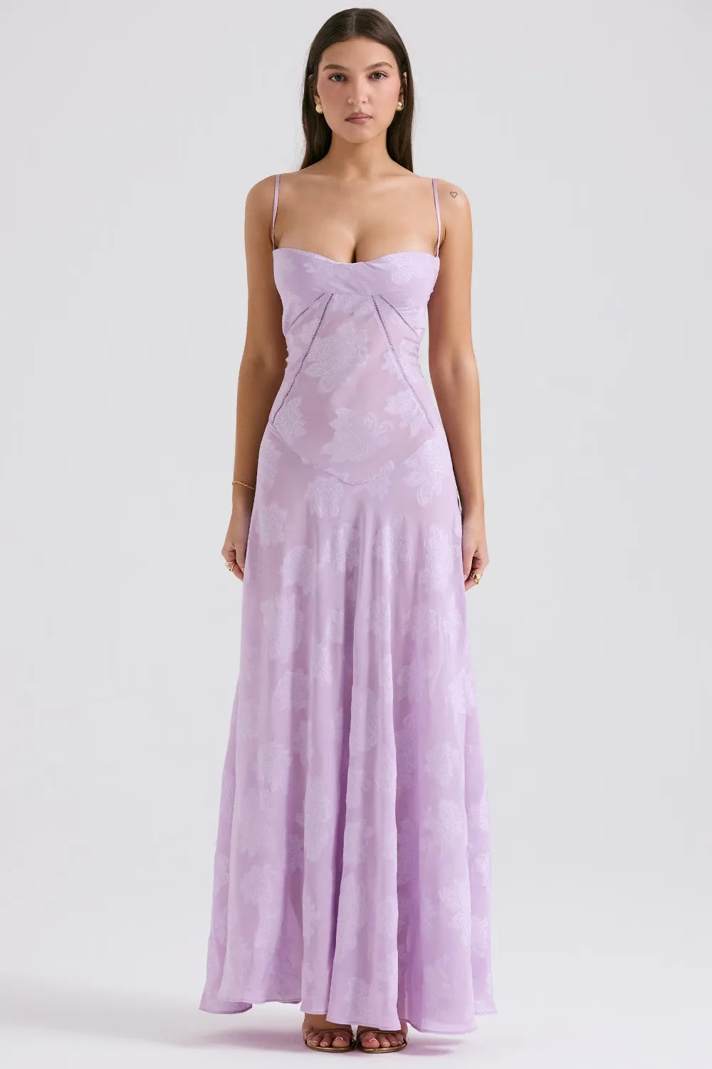 Sheer floral bustier maxi dress with spaghetti straps and flowing floor-length skirt - view 12