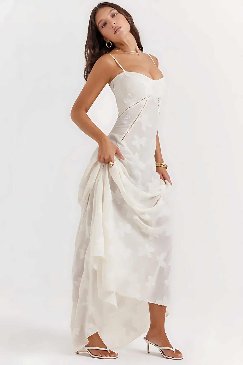 Sheer floral bustier maxi dress with spaghetti straps and flowing floor-length skirt - view 14