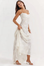 Sheer floral bustier maxi dress with spaghetti straps and flowing floor-length skirt - view 14