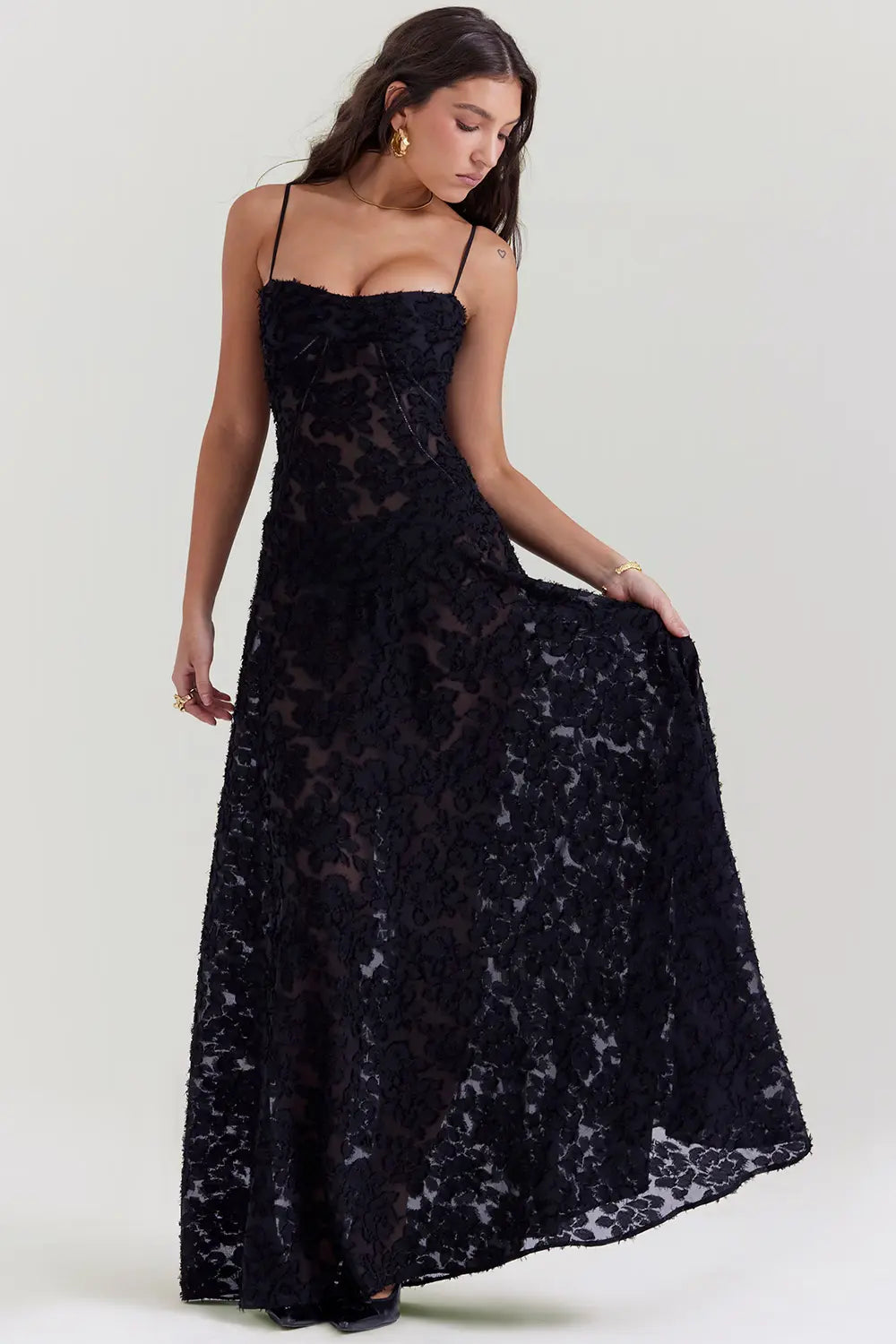 Sheer floral bustier maxi dress with spaghetti straps and flowing floor-length skirt - view 15
