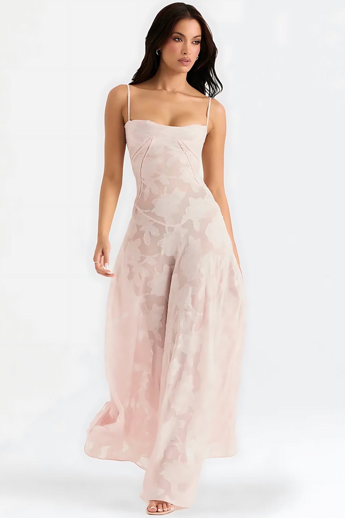 Sheer floral bustier maxi dress with spaghetti straps and flowing floor-length skirt - view 16