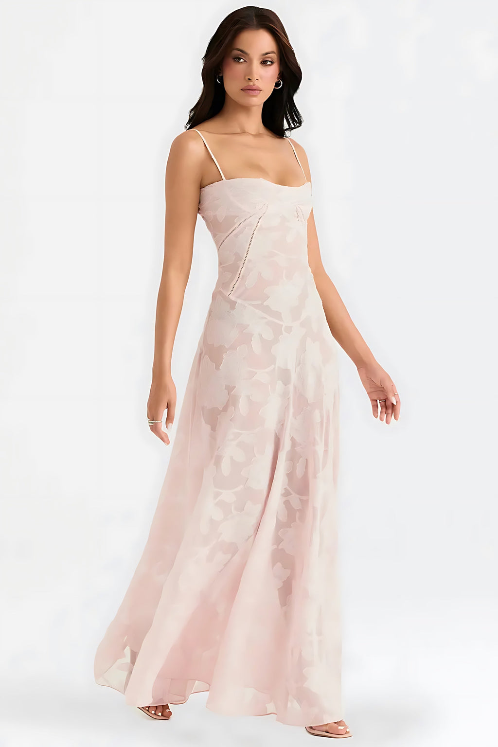 Sheer floral bustier maxi dress with spaghetti straps and flowing floor-length skirt - view 17